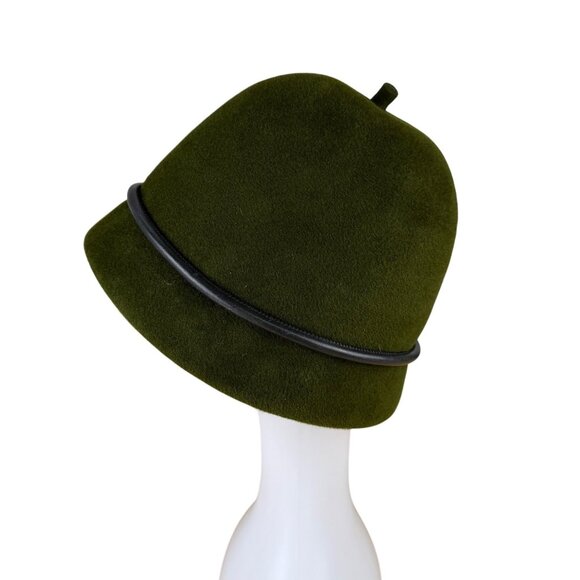 Womens Green Wool Cloche Hat With Black Leather Bow Accent - Picture 5 of 11